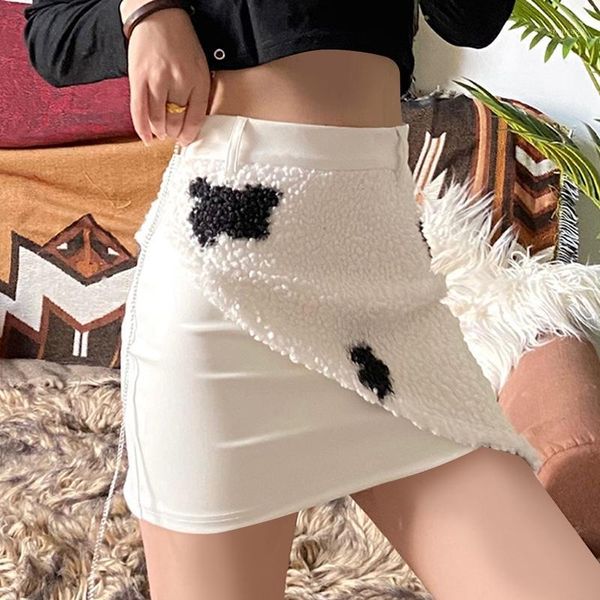 

skirts women's slim fit pack hip fashion plush cow pattern skirt white, Black