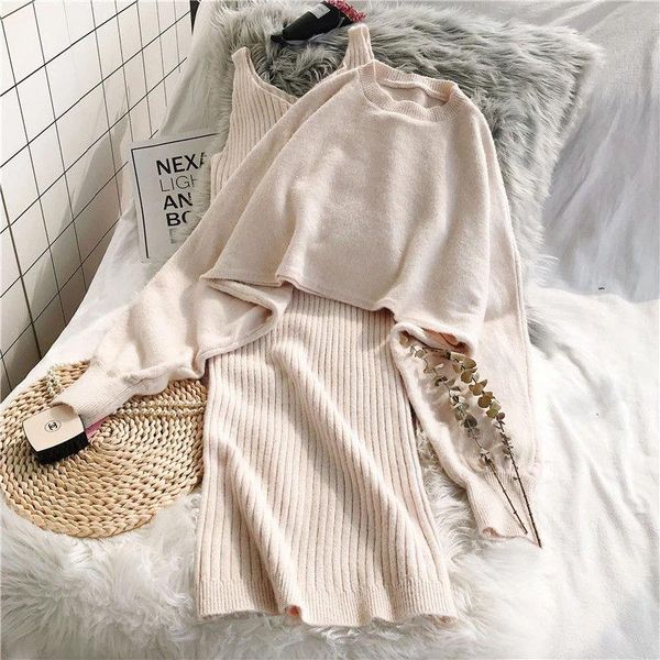 

casual dresses 2021 fall/winter bat sleeve o-neck soft sweater + women's knitted vest long dress two-piece sets, Black;gray