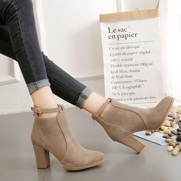 

boots eofk women ankle autumn with thick heels high fashion flock ladies pump shoes quality elegant temperament, Black