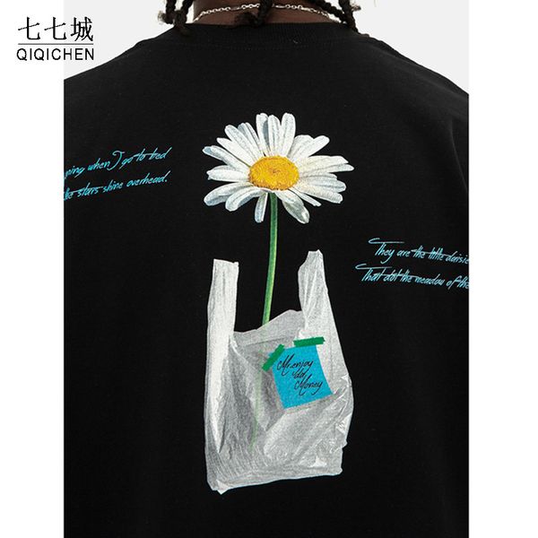 

hip hop daisy t- shirt men causal oversized streetwear harajuku summer 100% cotton vintage tees unisex, White;black