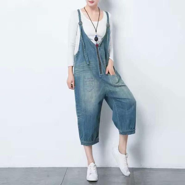 

women's jeans plus size fashion loose zipper denim bib overalls calf length women bleached jumpsuits, Blue