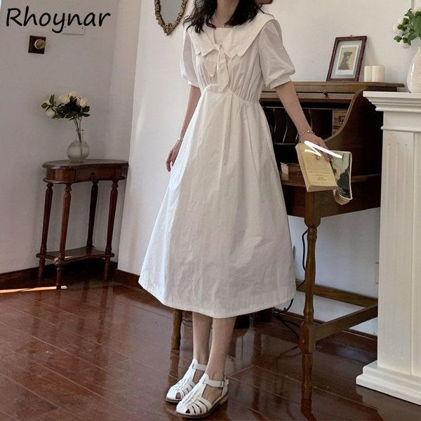 

casual dresses women dress french style retro summer fashion simple solid white mid-calf sailor collar short sleeve breathable elegant cozy, Black;gray