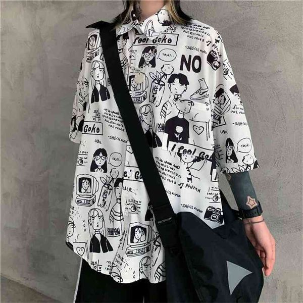 

spring summer anime print vintage short sleeve blouses korean hong kong style retro women button up shirt harajuku fashion 210730, White