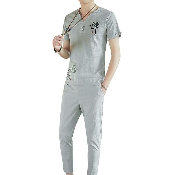 

men's tracksuits -5xl traditional chinese style short sleeve shirt+ankle pants tracksuit men set summer streetwear mens 2pc sets cloth, Gray