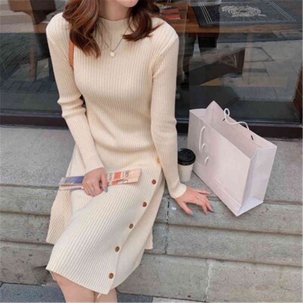 

casual dresses koreans winter pure female all-match.....high waist knitted round dress bottom button gold sleeves 6qxu, Black;gray