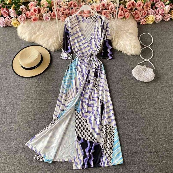 

summer style and elegance maxi vestidos women's v-neck lace-up waist split print one-piece wrap dress c655 210506, Black;gray