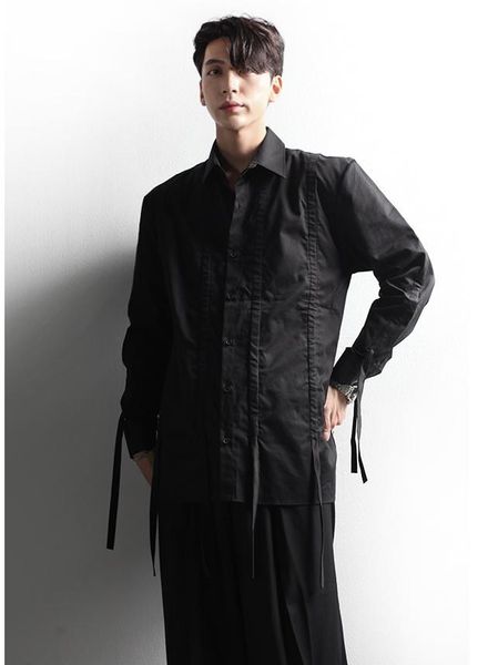 

men's casual shirts shirt youth trend handsome versatile -type pleated strap long sleeve loose size top, White;black