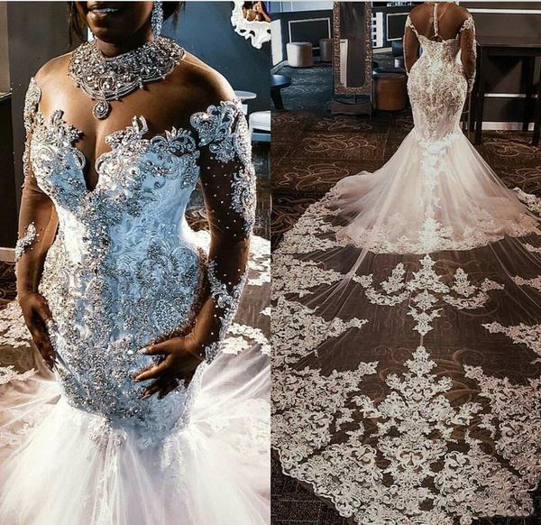 Abiti da sposa a sirena in pizzo con top a rete trasparente 2022 Abiti da sposa africani con applicazioni di tulle in pizzo con perline e maniche lunghe