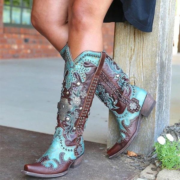 

boots 2021 women slip-on mixed color flower print western women's shoes sewing patchwork rome buckle party retro ladies boot, Black