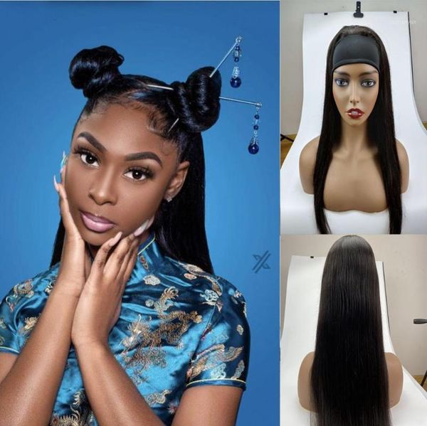 

jet black headband wig full machine made human hair wigs glueless natural hairline straight for with baby hair1, Black;brown