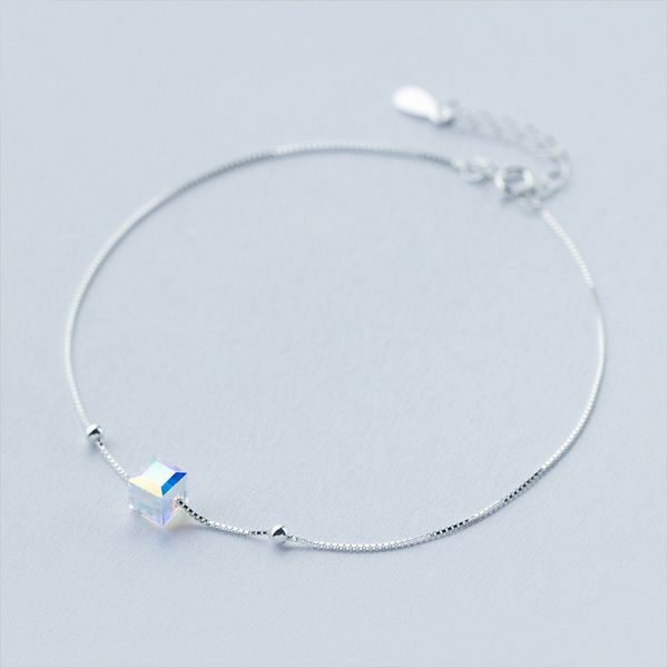 Real 925 Sterling Silver Cube Beads Anklets Moda Verão Tornozelo Braceletes Mulheres Meninas Simples Pé Correntes para Aniversário