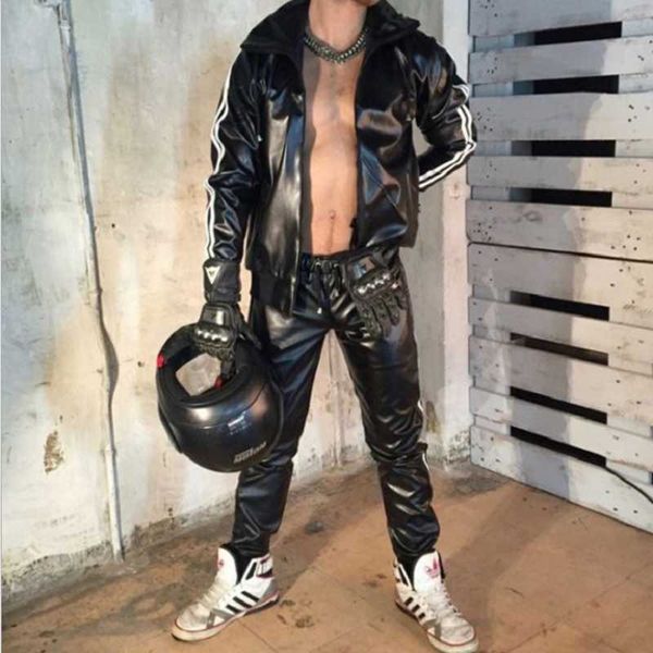 

jogging clothing european and american trend pu leather hooded jacket + straight pants sports suit in the same color, Black;red