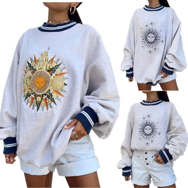 

[] 2021 new fashion personalized printing round neck loose pullover long sleeve women's sweater, Black