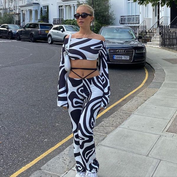 

women's pants & capris autumn fashion bandage 2 two-piece set long sleeve tight cropped striped trousers wide leg suit, Black;white
