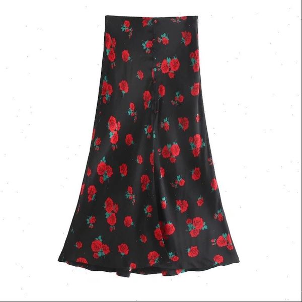 

womens skirt women vintage flower print buckles a line faldas mujer ladies side zipper casual slim chic skirts qun359, Black