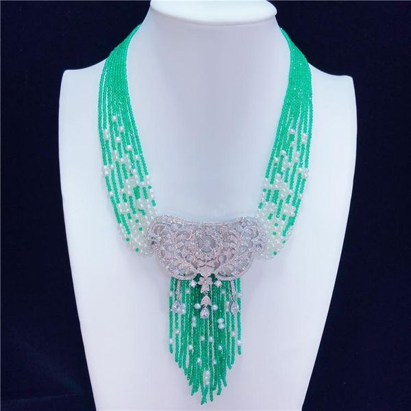 

chains hand knotted noble white natural freshwater pearl green stone micro inlay zircon tassel necklace fashion jewelry, Silver