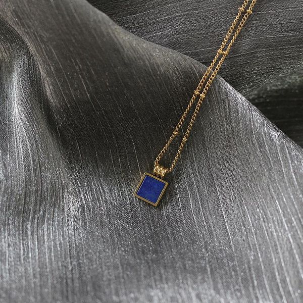 

pendant necklaces stainless steel lapis lazuli embed blue necklace for women square tag mirror polished gold color clavicle chain, Silver