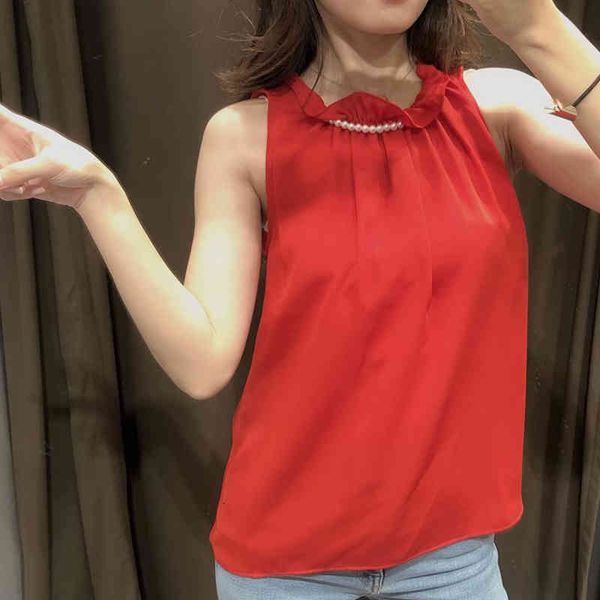 

women's polos women summer stylish pearl beading za red blouse fashion girl sleeveless pleated collar womens blusas mujer din, White