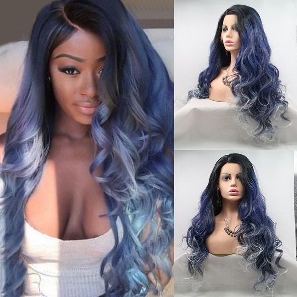 

synthetic wigs cosplay lace front wig curly colored ombre black blue body wave highlight hair frontal lolita for women