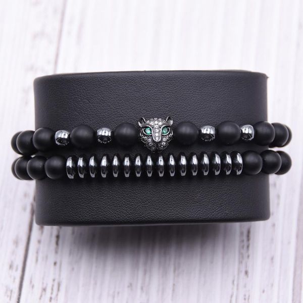 

beaded, strands men cz zirconia leopard head charms bracelets 8mm natural stone matte beads bracelet for women jewelry gifts pulseras, Black