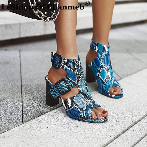 

stylish snake skin sandals for women ladies peep toe big square buckles summer gladiator woman large size 43 sandalias, Black
