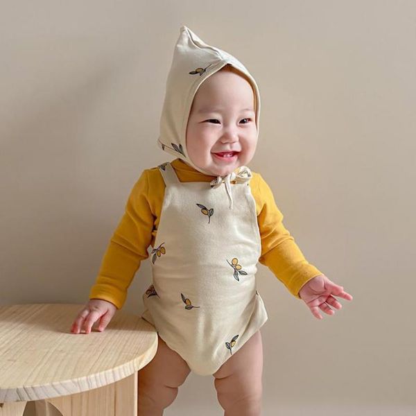 Bebê algodão bodysuit bebê menino macacão azeitonas bonito imprimir meninas macacão com chapéu outono menino recém-nascido meninas roupas roupas 210413