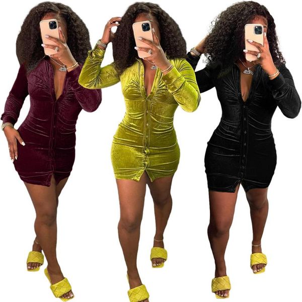 

casual dresses autumn women's clothing wholesale drop skinny pure color comfortable fabric lapel buttons long sleeve mini dress, Black;gray