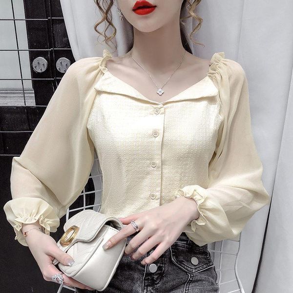 

women's blouses & shirts spring autumn style blouse shirt v-neck puff sleeve solid color button elegant sweet sp1063, White