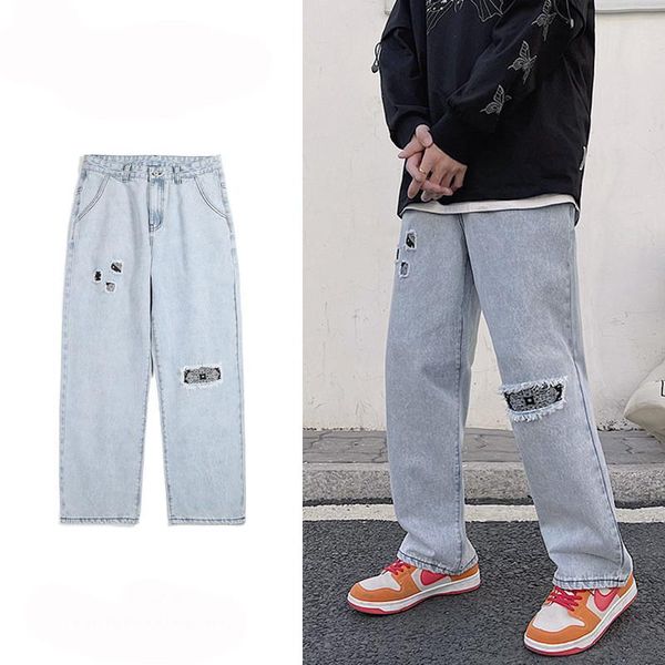 Jeans masculinos Baggy Ripped Hip Hop com Patches Fashion Hi Street Hi Street Denim Pantsstrouers Soly Fit Pants Masculino