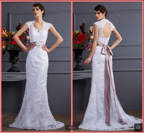 

2021 new arrival white tulle mermaid wedding gown lace appliques cap sleeve v neckline open back flower bridal gowns summer beach reception