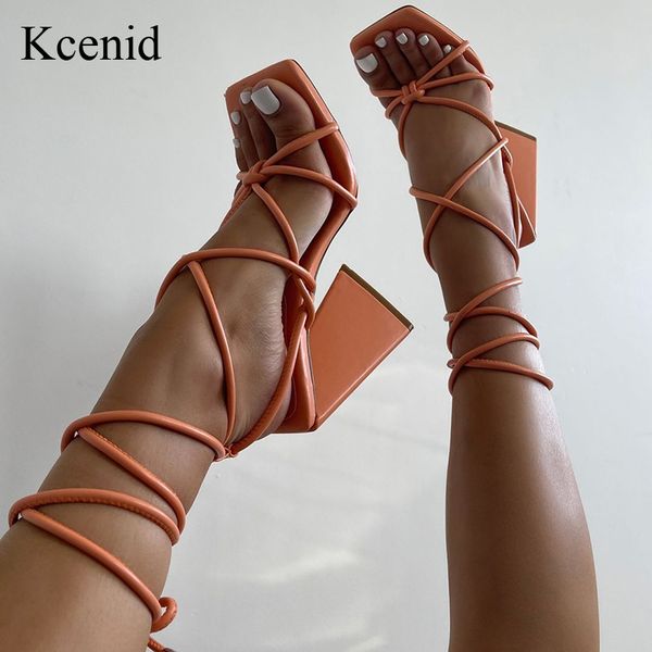 

slippers kcenid 2021 summer women's sandals high heels fashion solid color strap party shoes square head lace-up style plus size 3, Black