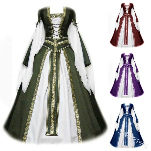 

kalenmos medieval bandage waist dress womens retro square collar long sleeve stitching printing 5xl prom party dress, Red