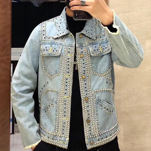 

korean men denim spring drilling jacket trend short slim rvets plus size parka hommes punk lovers jeans jackets and coats, Black;brown