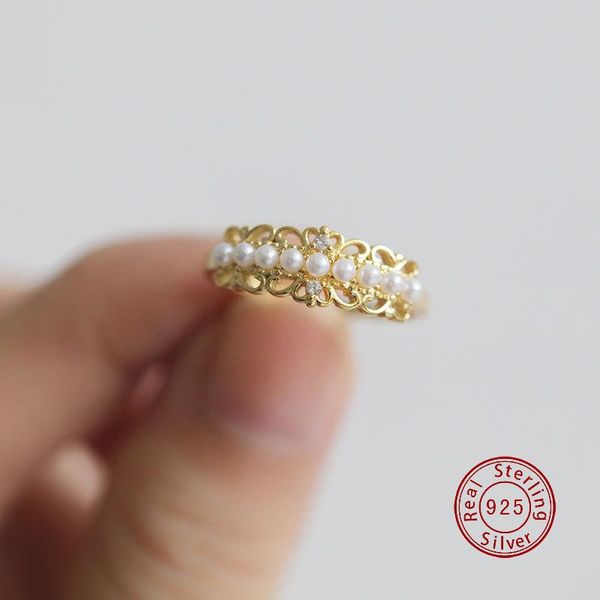 

cluster rings y-jz202108072 s925 sterling silver japan and korea personality openwork crown pearl opening adjustable gift women's ring, Golden;silver