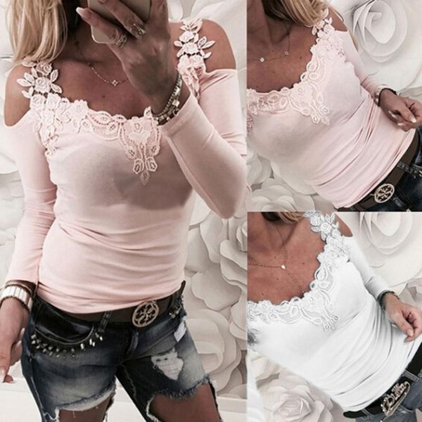 

women's blouses & shirts bigsweety strap off shoulder lace stitching woman blouse o-neck long sleeve s female casual slim tee top, White