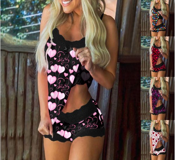 

women's sleepwear 2021 fashion printing lace suspender two piece household clothes pajamas, Black;red