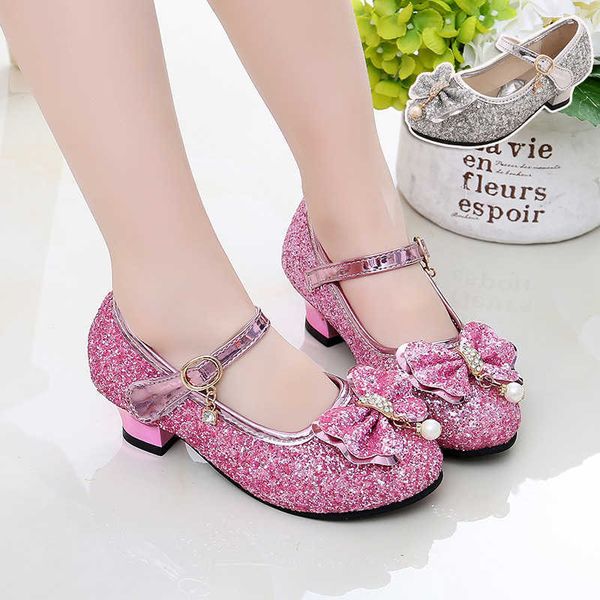 Meninas salto alto princesa sapatos crianças bling de couro estudantes mostram prata branco primavera e outono menina 210713