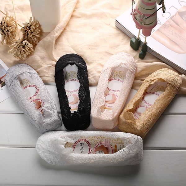 

women's spring pure cotton invisible shallow mouth thin summer sile non slip ship lace socks, Black;white