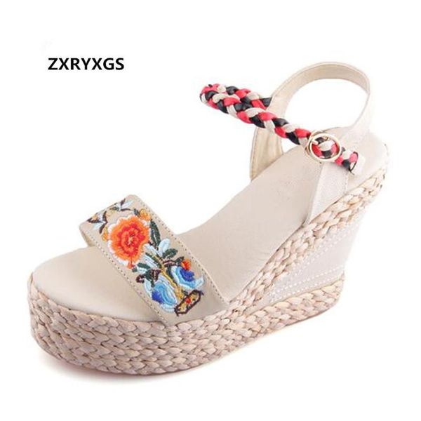

soft sheepskin embroidered summer fashion sandals straw thick-soled wedges women shoes high heel, Black