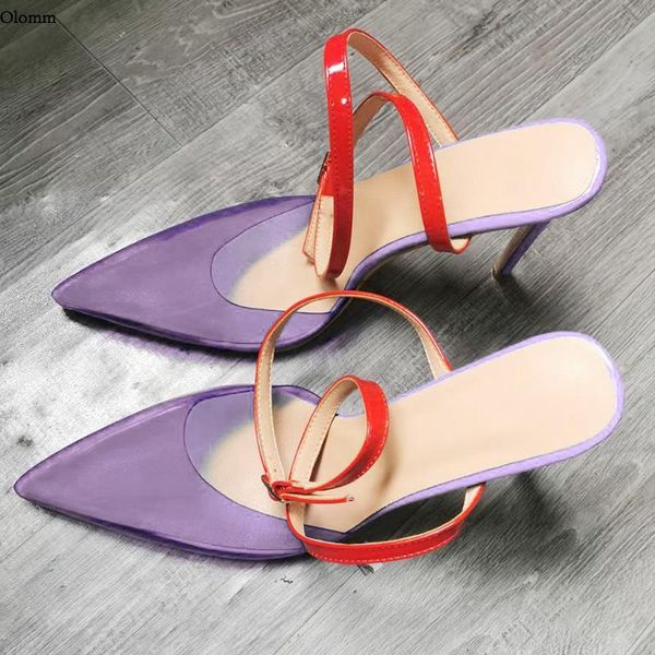 

sandals olomm handmade women summer pvc ankle strap stiletto heel pointed toe gorgeous blue purple party shoes us size 5-15, Black
