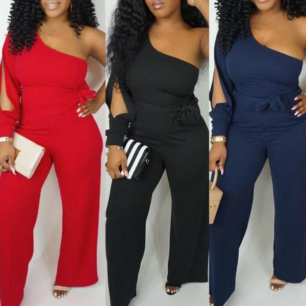 

women's jumpsuits & rompers 2021 fashion trend women one shoulder bandage belted wide leg jumpsuit long trousers casual summer playsuit, Black;white