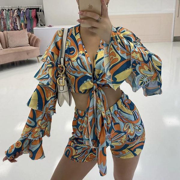 

women's tracksuits katara printed beach style suits women fashion v neck knot suit elegant elastic waist loose shorts female ladies, Gray
