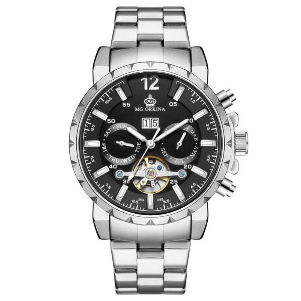 

wristwatches mg.orkina men's mult-functional mechanical auto wristwatch stainless steel watches fashion, Slivery;brown