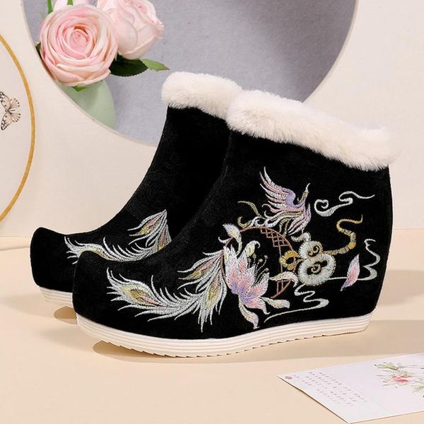 

boots womens embroidery floral ankle hanfu fur liner warm snow winter hidden heel shoes chinese styles 3colors 2021, Black