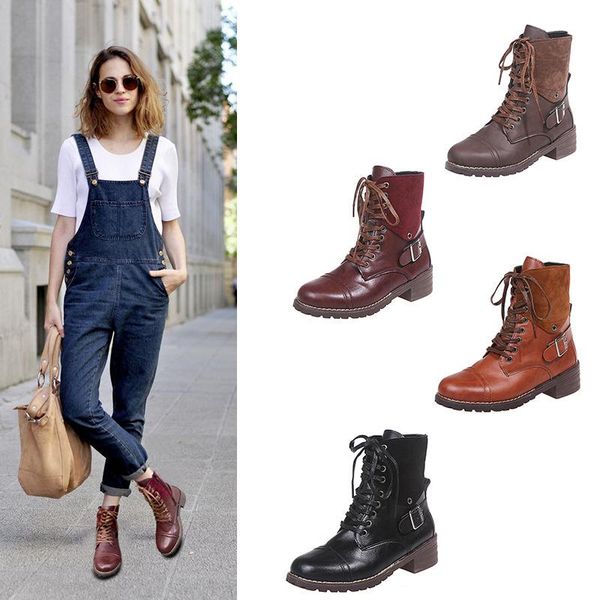 

boots plus size short women 2021 summer style artificial leather shoes stitching thick front lace-up side zipper martn, Black