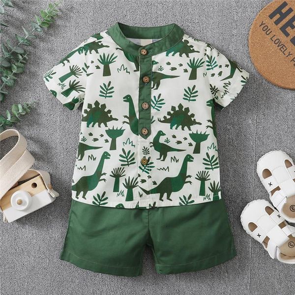 

infant kids boy outfit set toddler dinosaur tree prints short sleeve button shirt solid color shorts cotton clothes, White