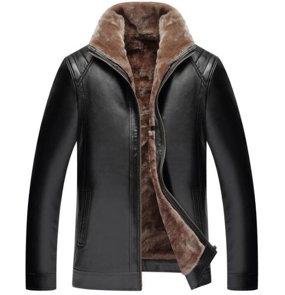 

men's fur & faux m-4xl / winter male fashion one short thick zipper standing collar pu jacket, Black