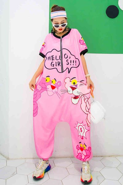

pants thailand tide brand summer hip-hop hong kong style cartoon print diamond loose large size jumpsuit harem pants, Black;white