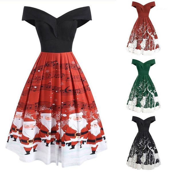 

christmas print winter party dresses patchwork sleeveless dress deer skater club night #yj 17 casual, Black;gray