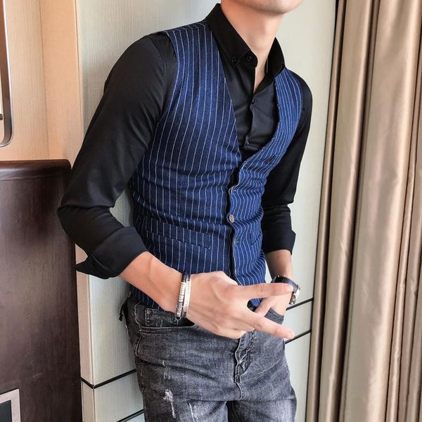 

men's vests fashion business gentleman casual slim vertical stripe boxer v-neck single-breasted british wind vest, Black;white